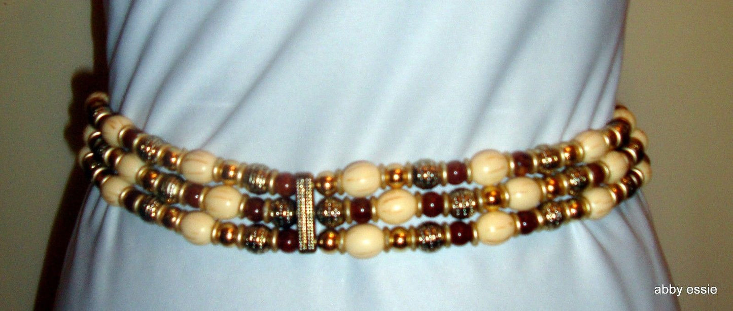 vintage EXOTIC wood style BEADED BELT W/ CHAIN small