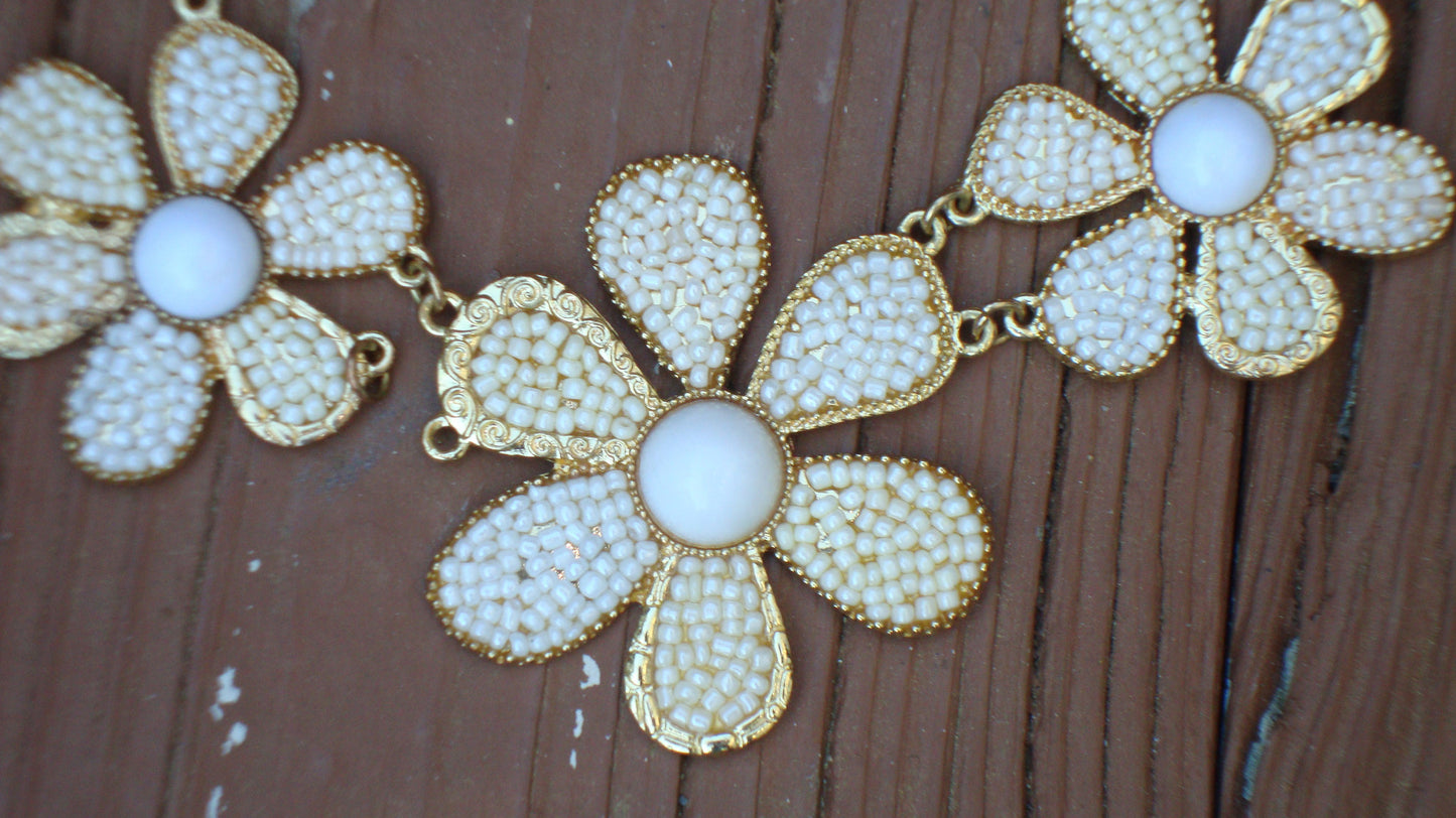 SOLD - Art Deco Gold Pearl Daisy Flower Choker Necklace
