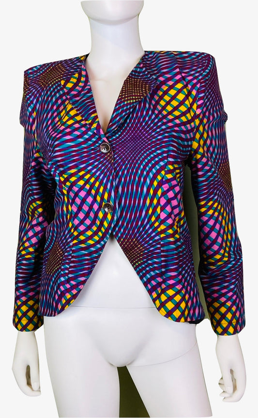 Psychedelic 80s Style Asymetrical Purple Blue Blazer Jacket ABBY ESSIE STUDIOS