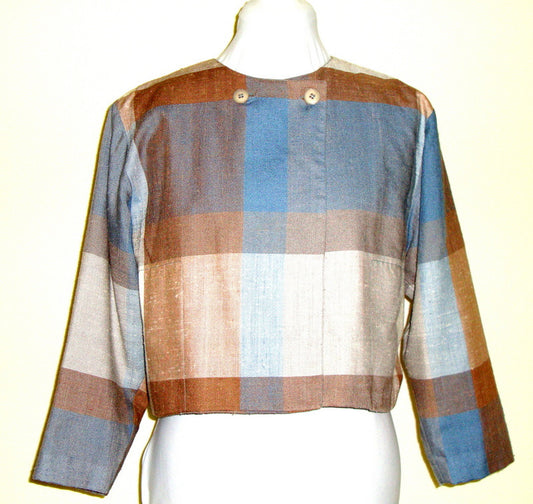 Vtg Prophecy Blue And Beige Plaid 40s 50s 60s ¾ Jacket Pockets Abby Essie