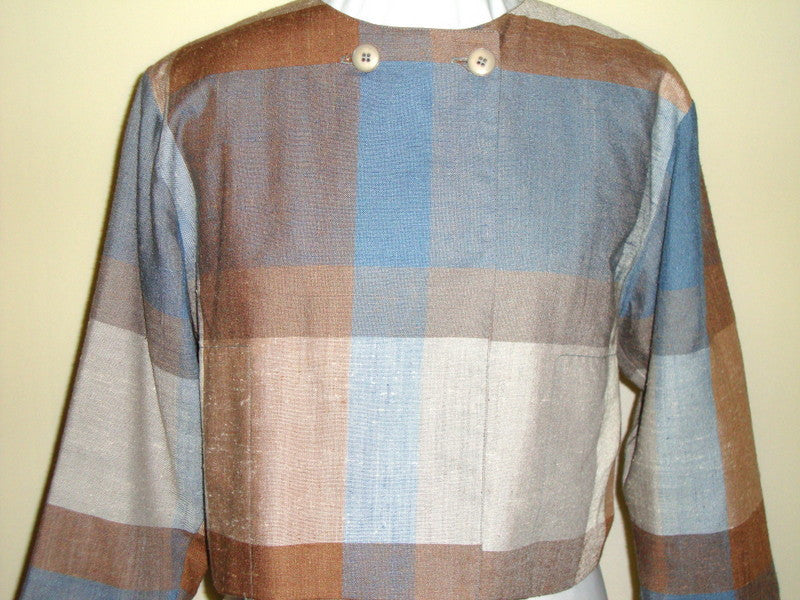 Vtg Prophecy Blue And Beige Plaid 40s 50s 60s ¾ Jacket Pockets Abby Essie