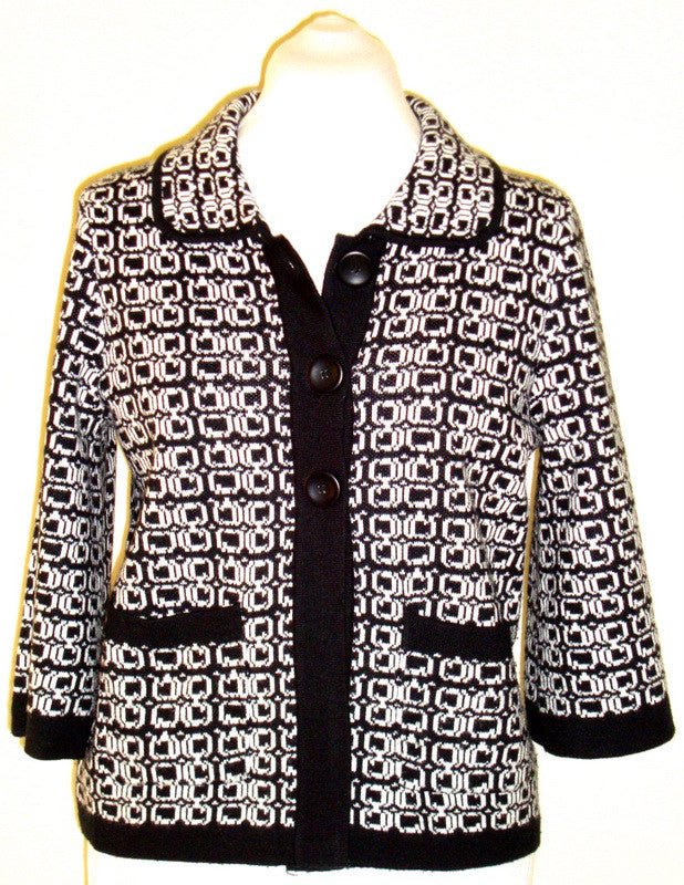 HAPSHIRE STUDIO BLACK & WHITE GEOMETRIC KNIT BLAZER, BUTTONED, ¾ SLEEVE MEDIUM Abby Essie