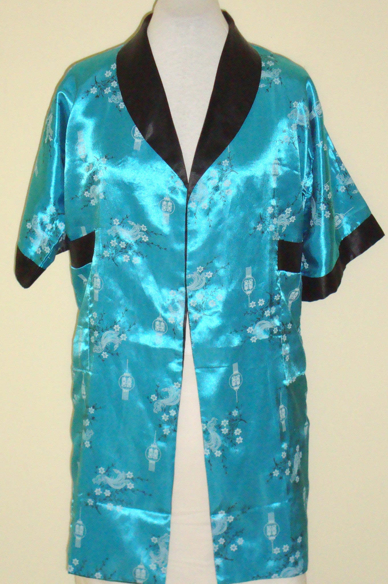 Vintage Reversible Turquoise Black Smoking Jacket Robe Embroidered Dragon Xl