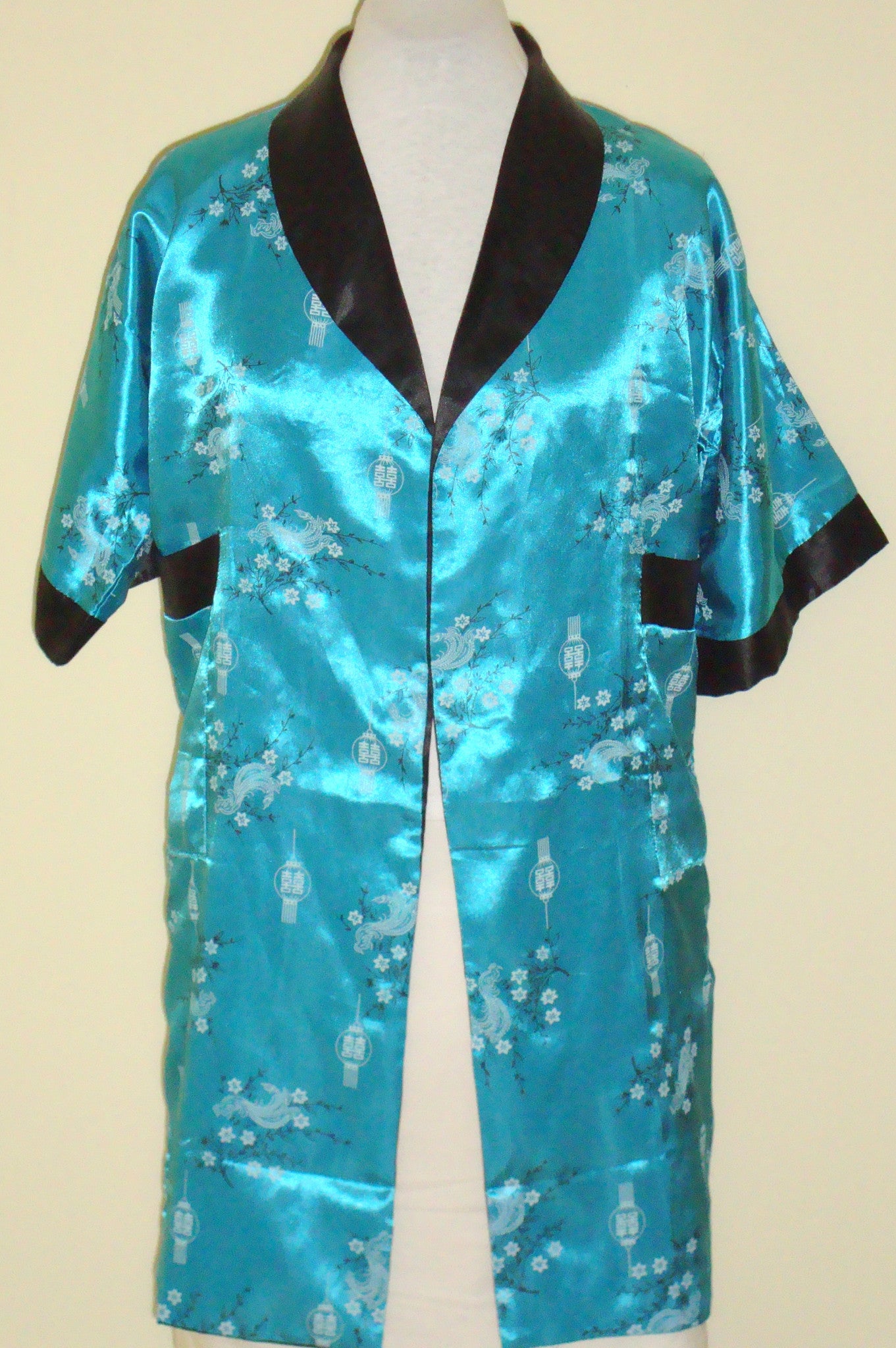 Vintage Reversible Turquoise Black Smoking Jacket Robe Embroidered Dragon Xl Abby Essie