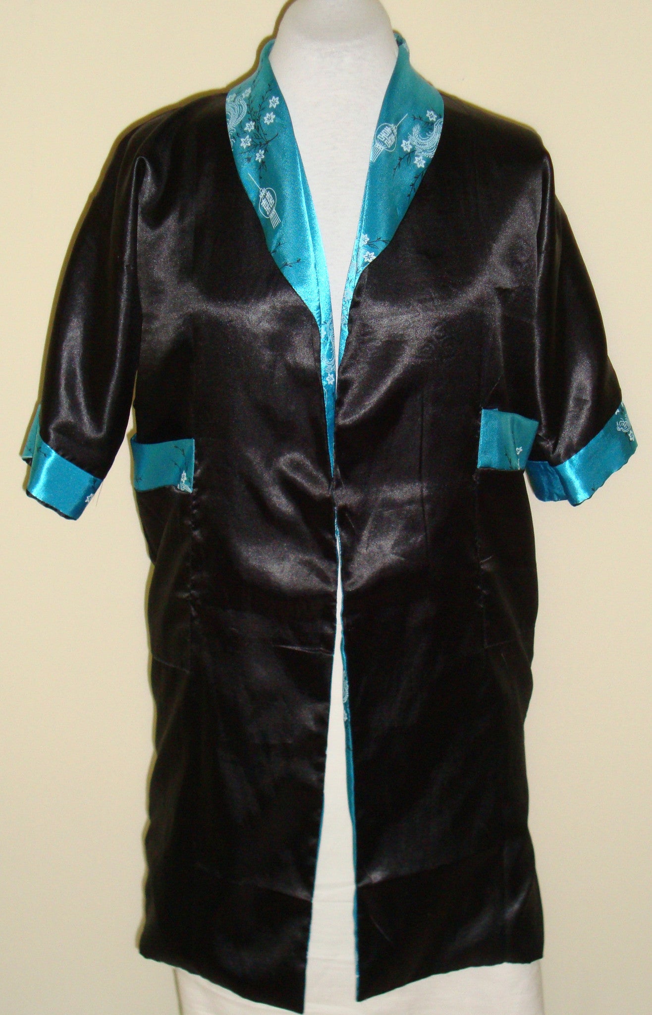 Vintage Reversible Turquoise Black Smoking Jacket Robe Embroidered Dragon Xl