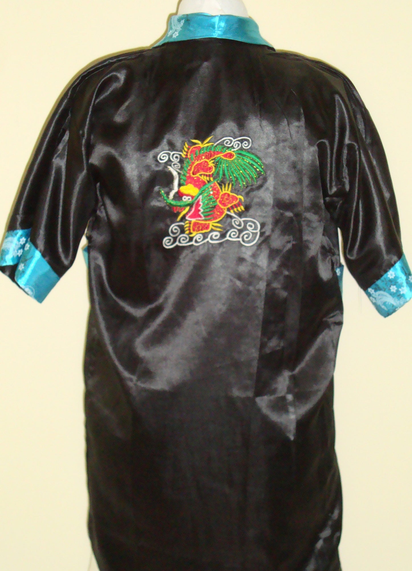 Vintage Reversible Turquoise Black Smoking Jacket Robe Embroidered Dragon Xl