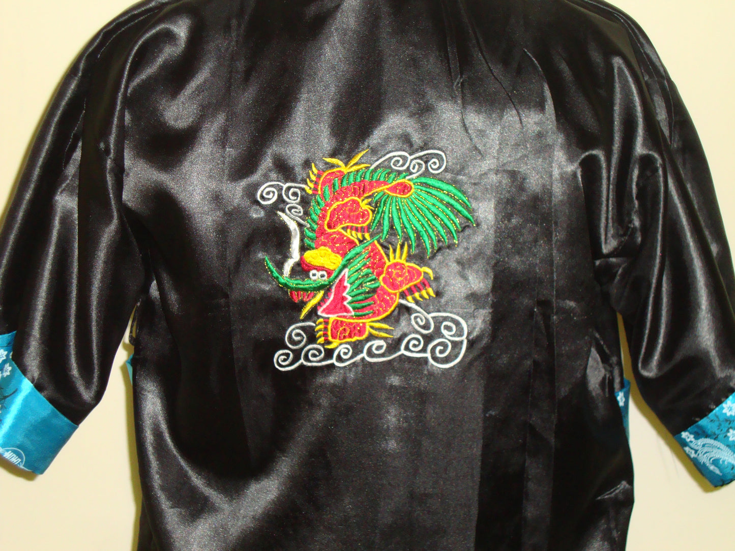 Vintage Reversible Turquoise Black Smoking Jacket Robe Embroidered Dragon Xl