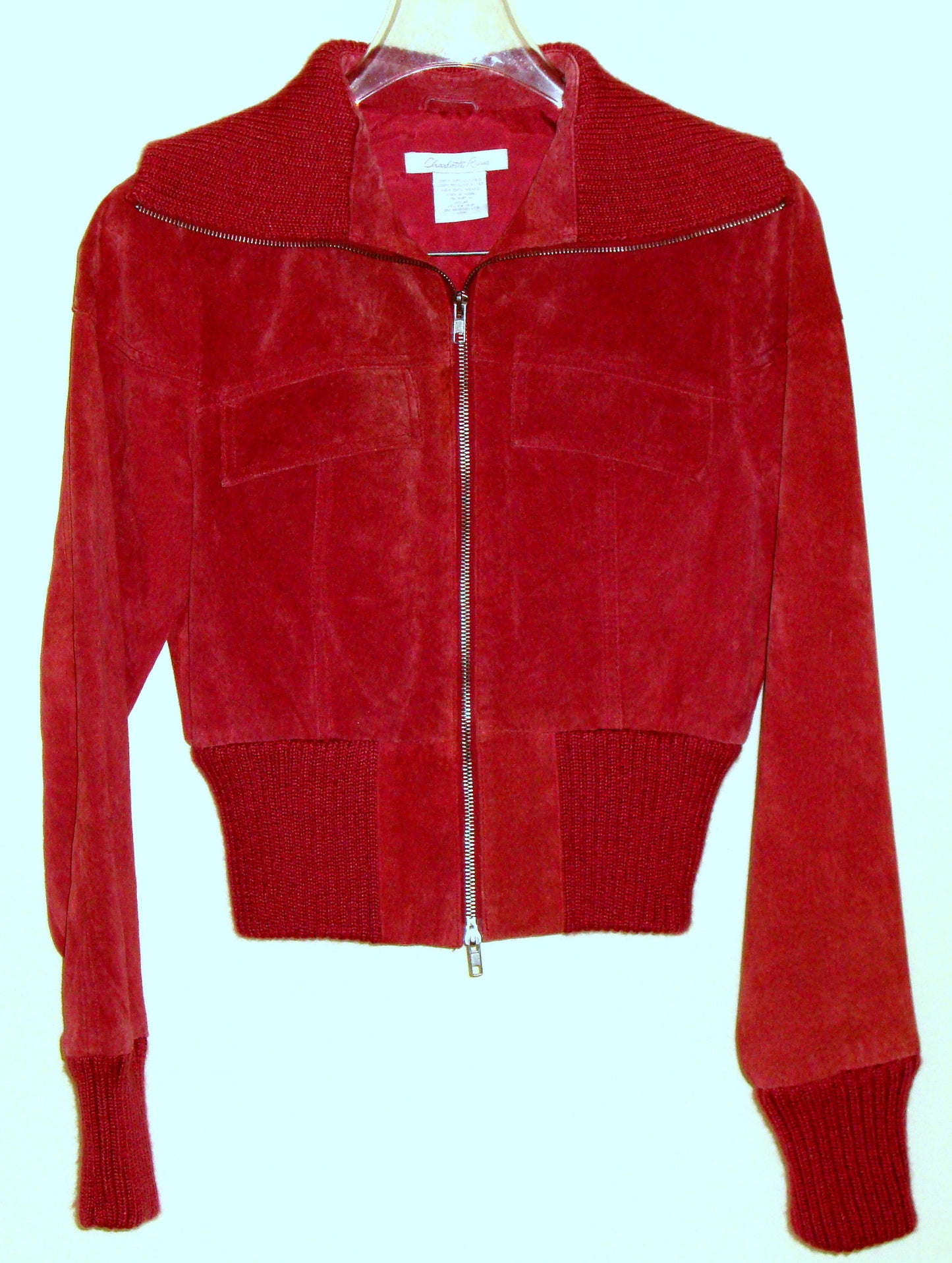 Red Suede Leather Zip Front Jacket Knit Collar Cuffs