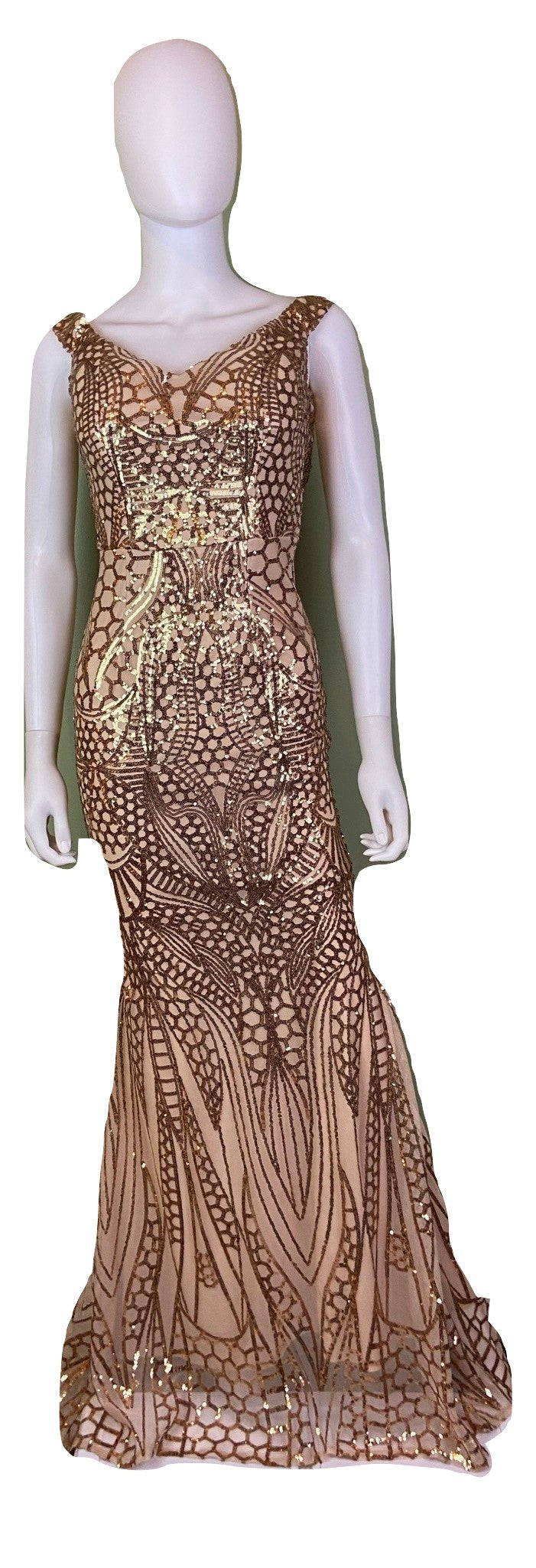 Gold Beige Brown Silk Sequin Formal Gown Dress