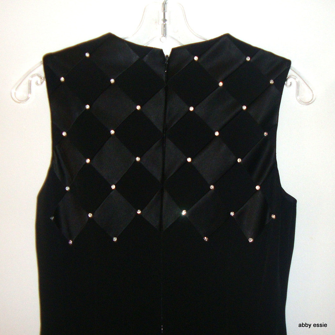 Niteline Long Black Sleeveless Tank Dress Gown W/ Rhinestone & Satin Detail Sz 4 Abby Essie