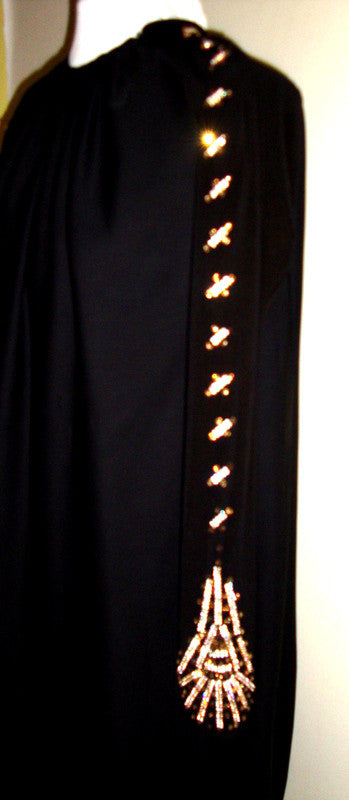 VINTAGE 1960s Long Black Muu Muu Dress Bejeweled Rhinestone Sleeves Large XL Abby Essie