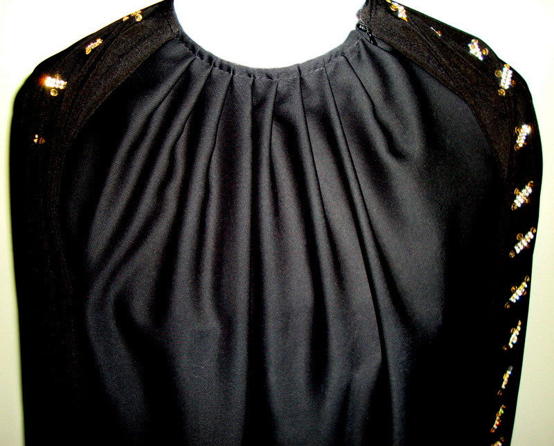 VINTAGE 1960s Long Black Muu Muu Dress Bejeweled Rhinestone Sleeves Large XL Abby Essie