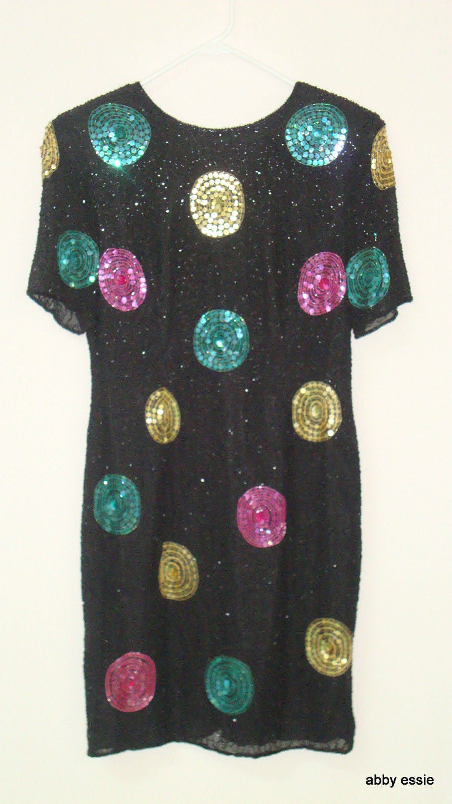 Vintage Eve's Allure Black Sequin Silk Trophy Deco Gatsby Dress Small Abby Essie