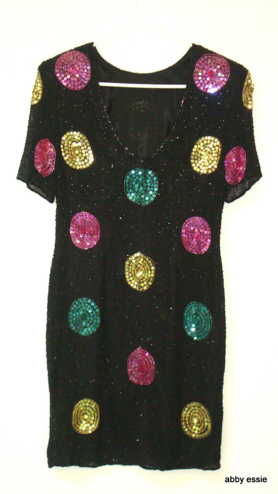 Vintage Eve's Allure Black Sequin Silk Trophy Deco Gatsby Dress Small Abby Essie