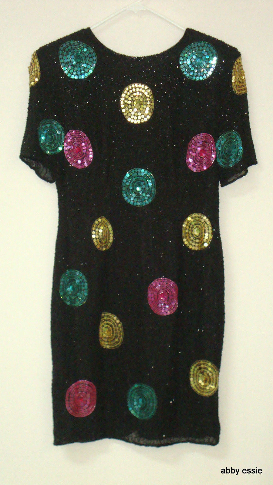 Vintage Eve's Allure Black Sequin Silk Trophy Deco Gatsby Dress Small Abby Essie
