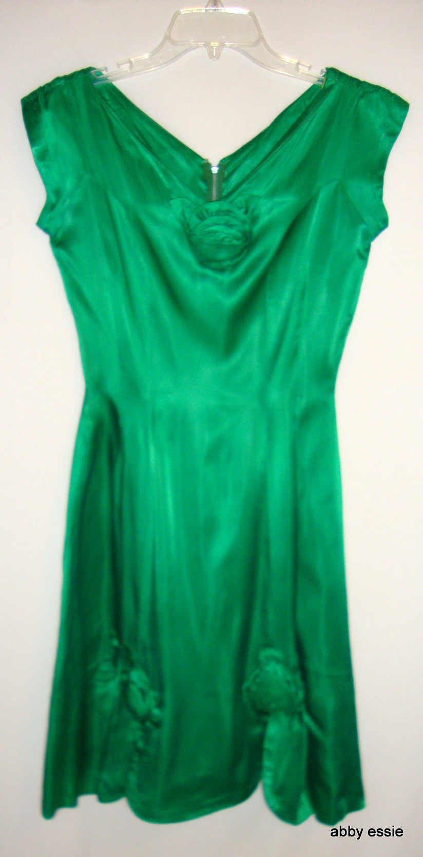 Green Silk 1950s Vintage Party Dress Rosettes Abby Essie