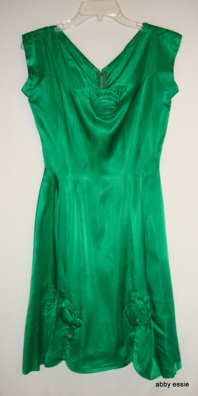 Green Silk 1950s Vintage Party Dress Rosettes Abby Essie