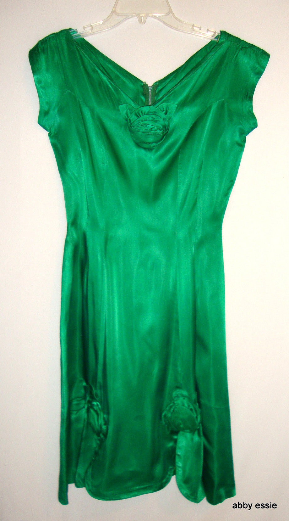 Green Silk 1950s Vintage Party Dress Rosettes Abby Essie