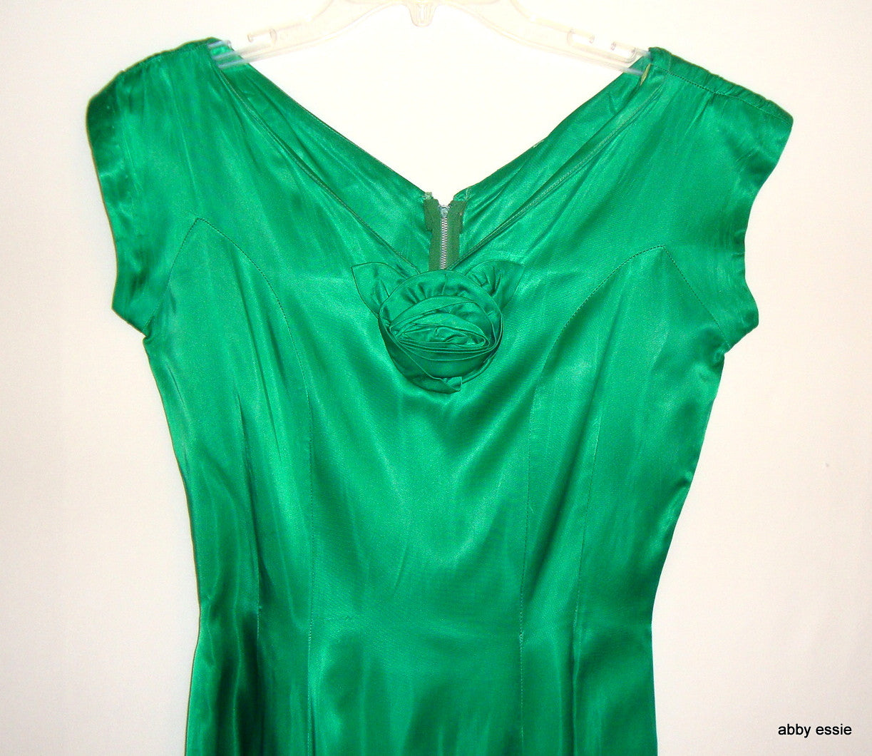 Green Silk 1950s Vintage Party Dress Rosettes Abby Essie