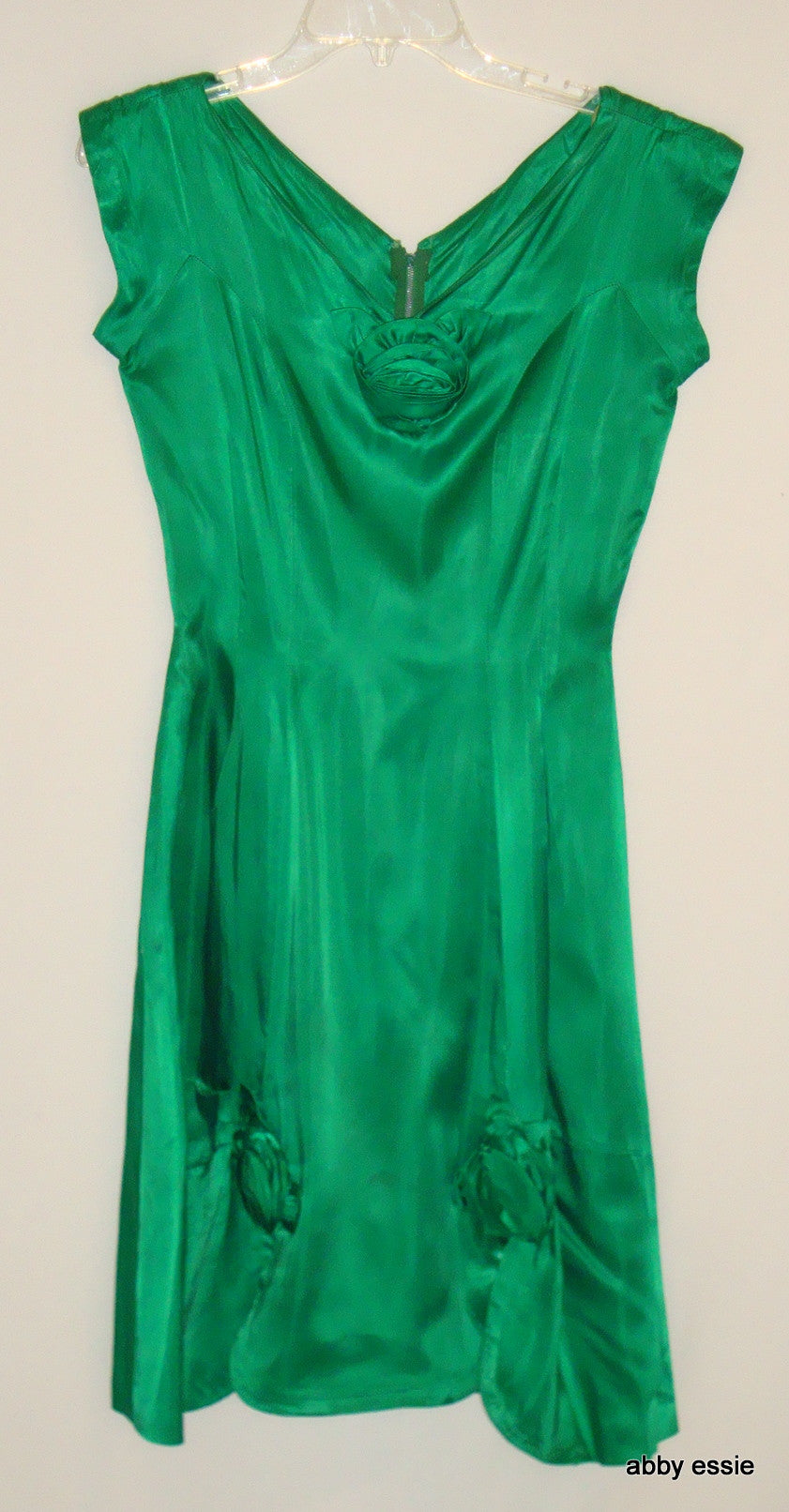 Green Silk 1950s Vintage Party Dress Rosettes Abby Essie