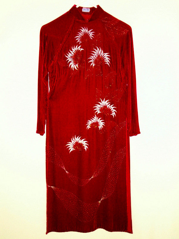 Vintage DUC TAI Red Velvet Painted Leaf Dress Side Slits Small