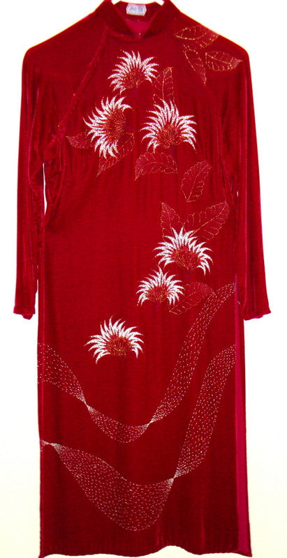 Vintage DUC TAI Red Velvet Painted Leaf Dress Side Slits Small