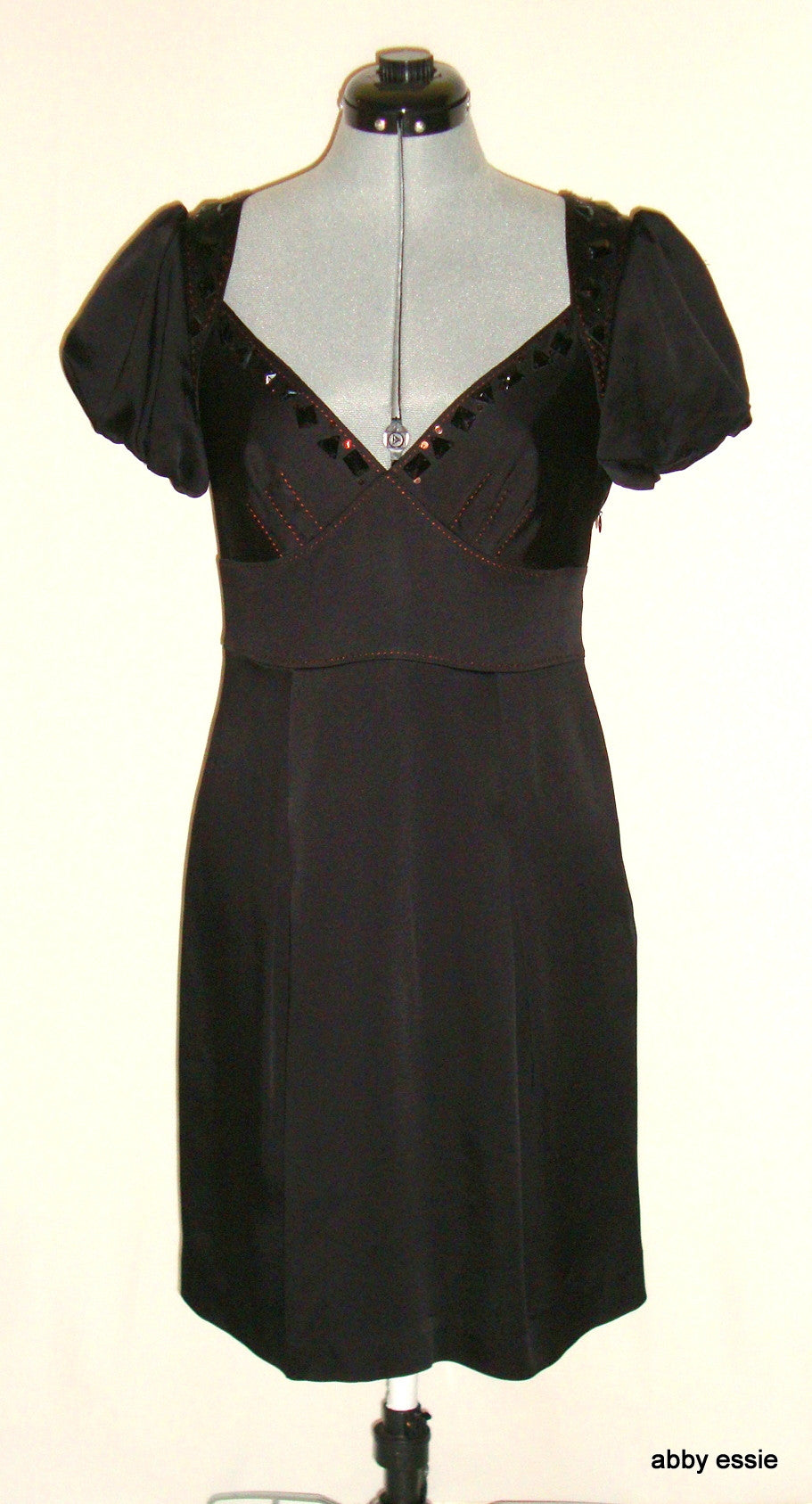 Max Azria Low Cut Black Satin Sequin Cocktail Goth Dress 8 Abby Essie