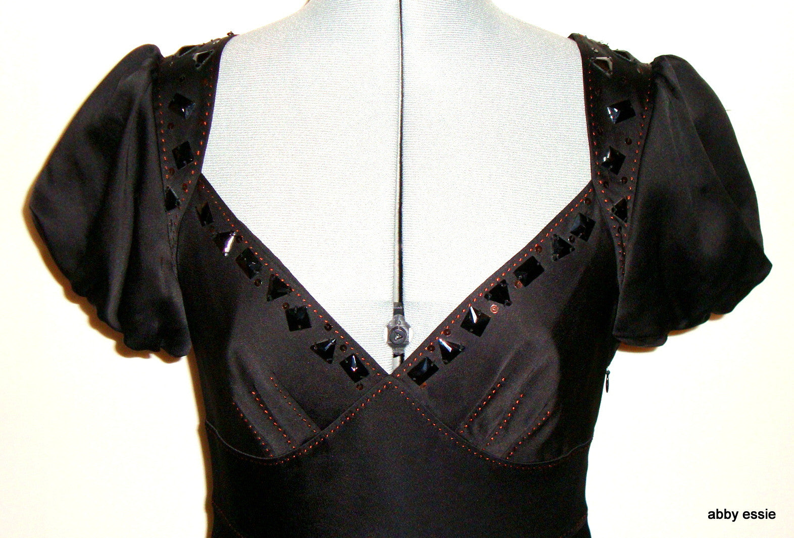 Max Azria Low Cut Black Satin Sequin Cocktail Goth Dress 8 Abby Essie