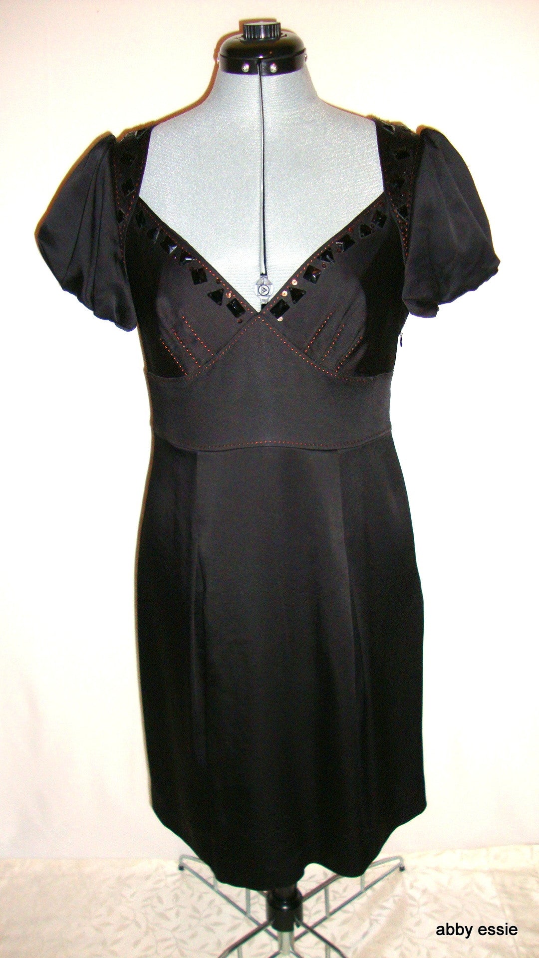 Max Azria Low Cut Black Satin Sequin Cocktail Goth Dress 8 Abby Essie