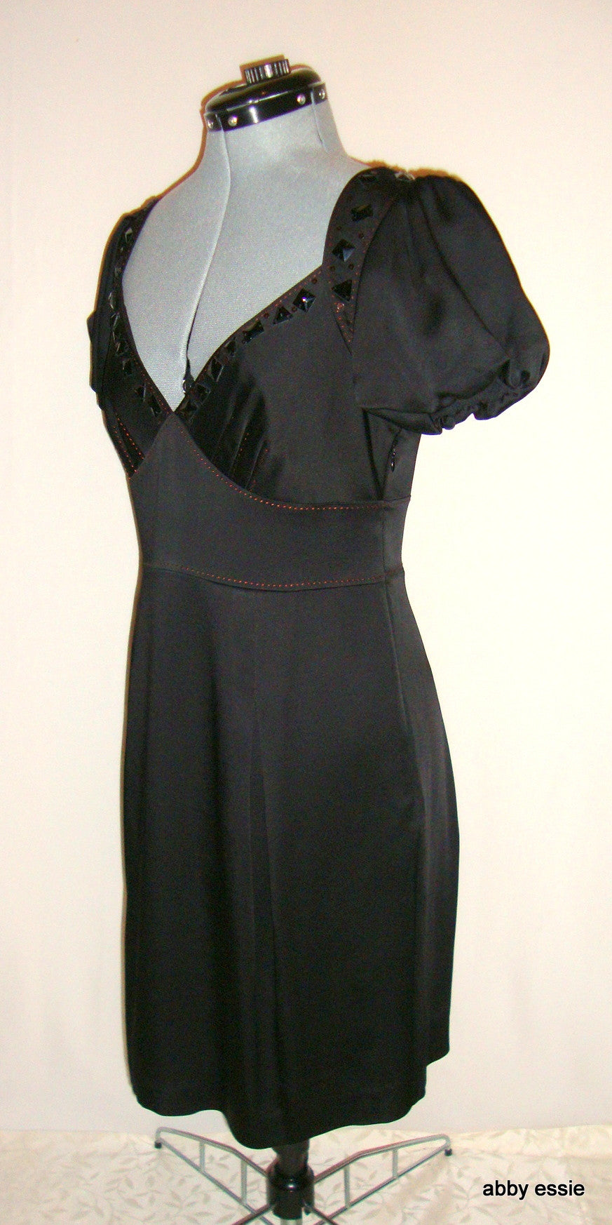 Max Azria Low Cut Black Satin Sequin Cocktail Goth Dress 8 Abby Essie