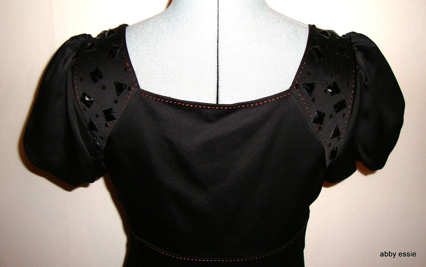 Max Azria Low Cut Black Satin Sequin Cocktail Goth Dress 8 Abby Essie