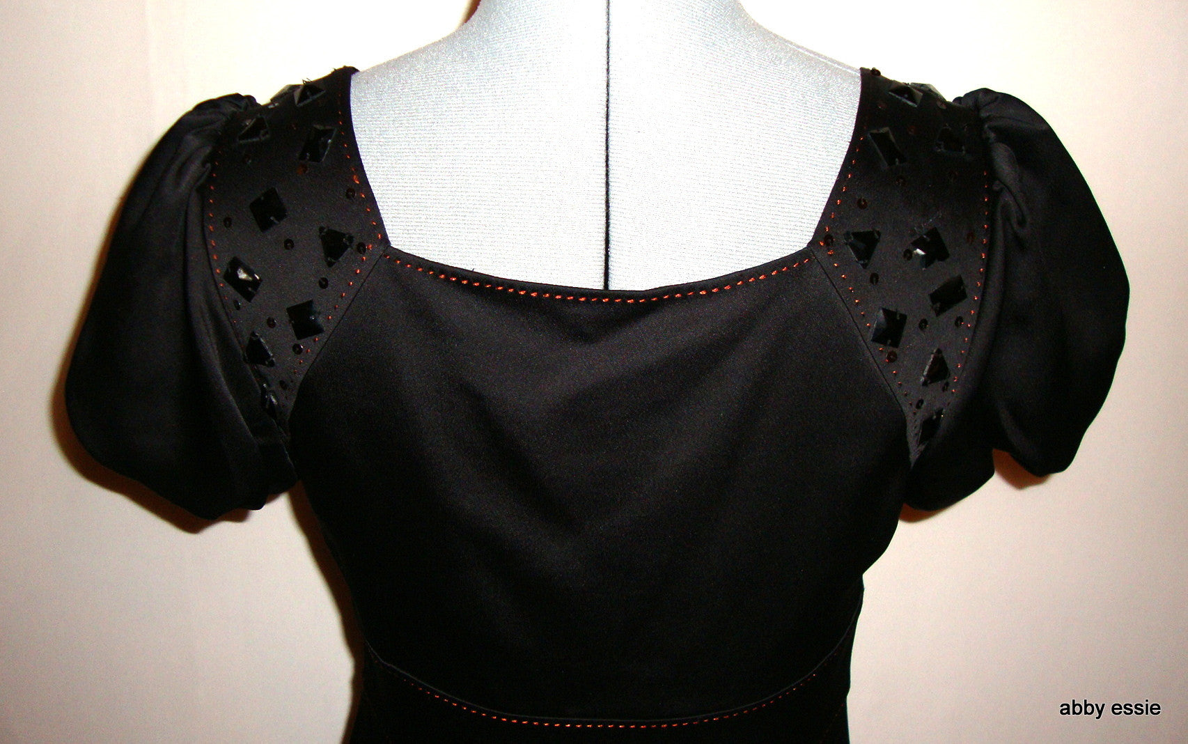 Max Azria Low Cut Black Satin Sequin Cocktail Goth Dress 8 Abby Essie