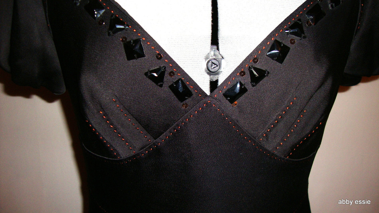 Max Azria Low Cut Black Satin Sequin Cocktail Goth Dress 8 Abby Essie