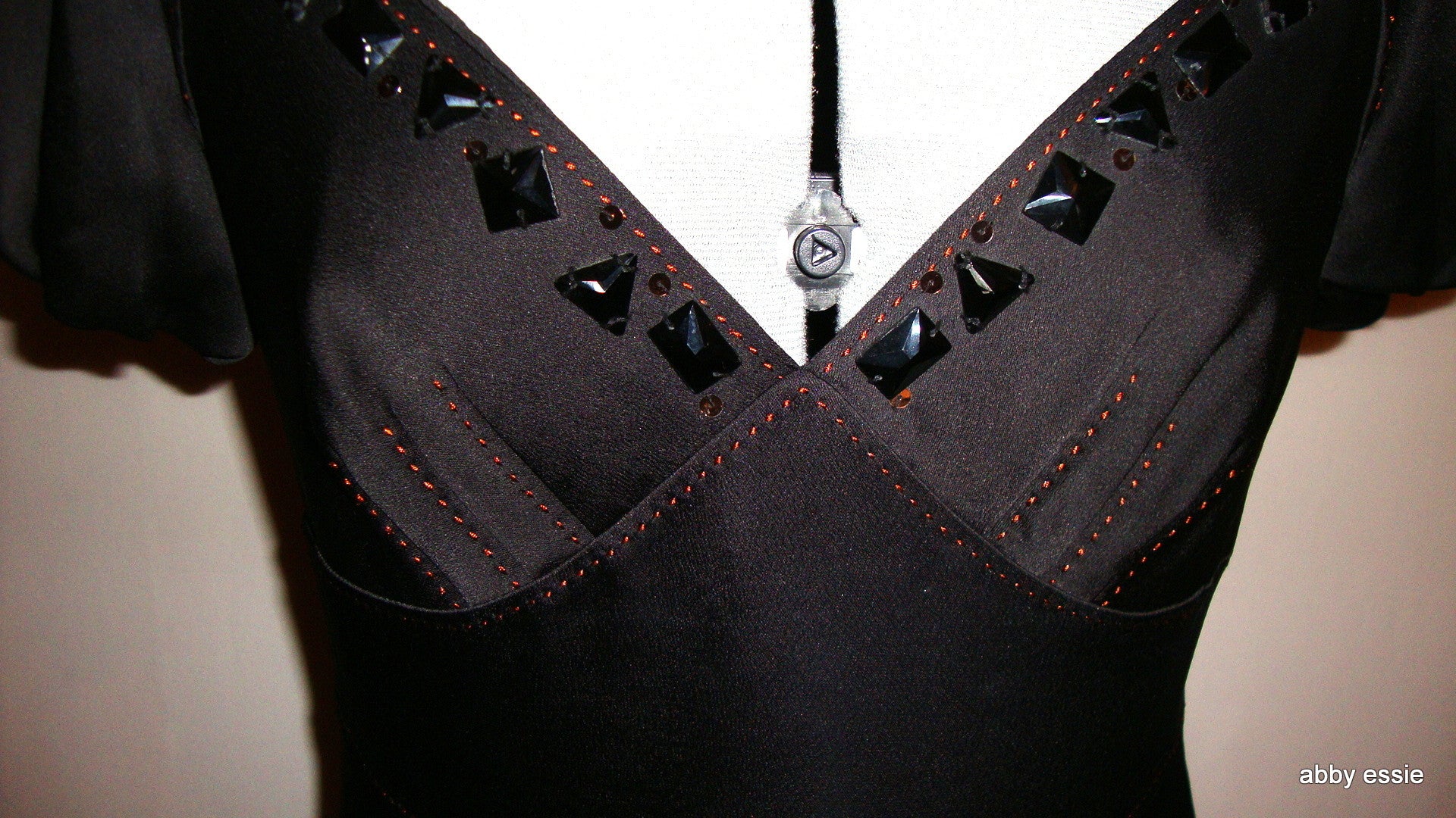 Max Azria Low Cut Black Satin Sequin Cocktail Goth Dress 8 Abby Essie