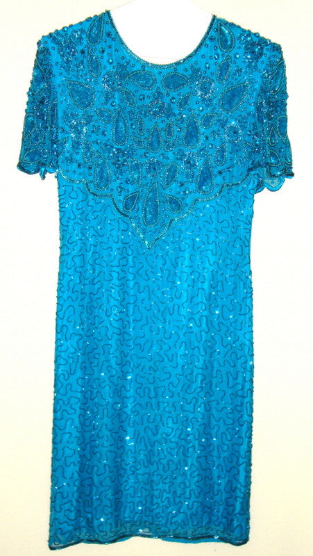 Vintage American Nights – Turquoise Beaded, Sequined Formal Dress Sz S 6-8 ? Abby Essie