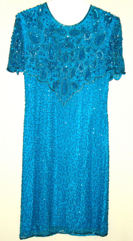 Vintage American Nights – Turquoise Beaded, Sequined Formal Dress Sz S 6-8 ? Abby Essie