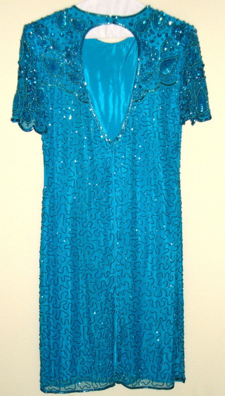 Vintage American Nights – Turquoise Beaded, Sequined Formal Dress Sz S 6-8 ? Abby Essie