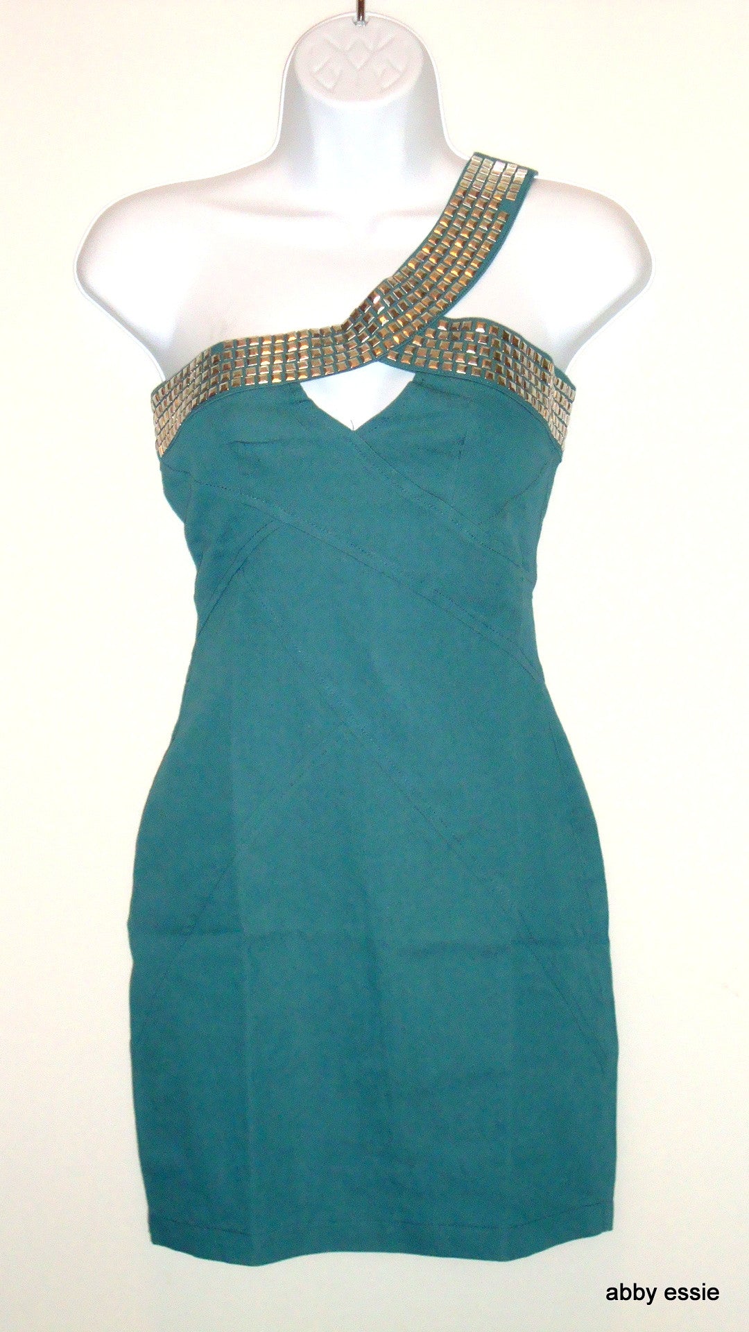 Studded One Shoulder Green Stretch Club Mini Dress