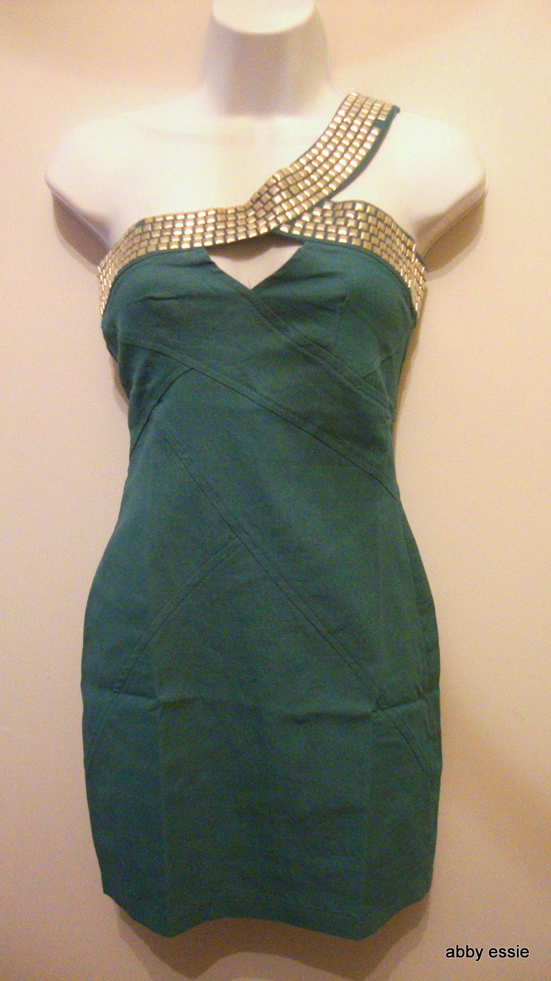 Studded One Shoulder Green Stretch Club Mini Dress