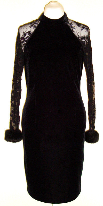 Vintage Black Velvet Lace Sequin Fur Cuffs Dress