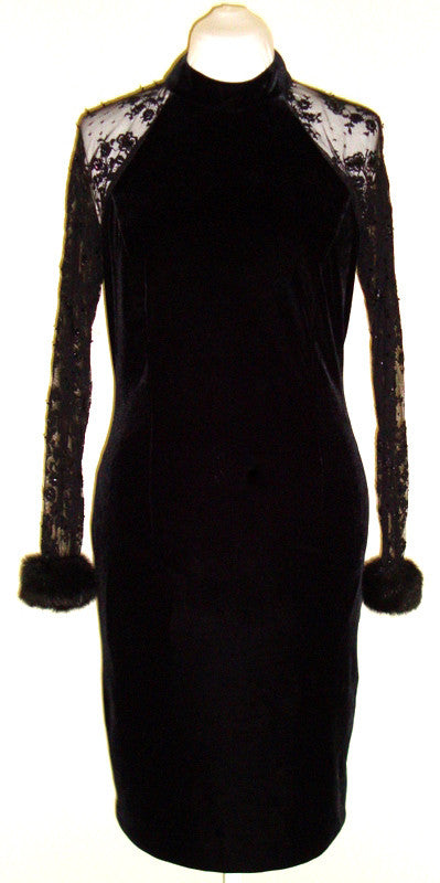 Vintage Black Velvet Lace Sequin Fur Cuffs Dress Abby Essie