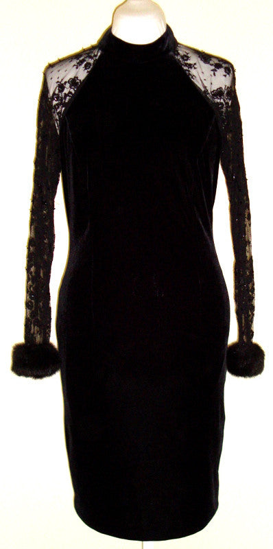 Vintage Black Velvet Lace Sequin Fur Cuffs Dress Abby Essie