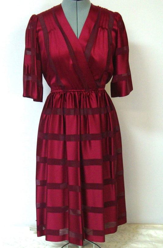 Vintage SWEET TALK RED BURGUNDY SILK STRIPED SHEER FULL SKIRT COCKTAIL DRESS SMALL 5 6 Abby Essie