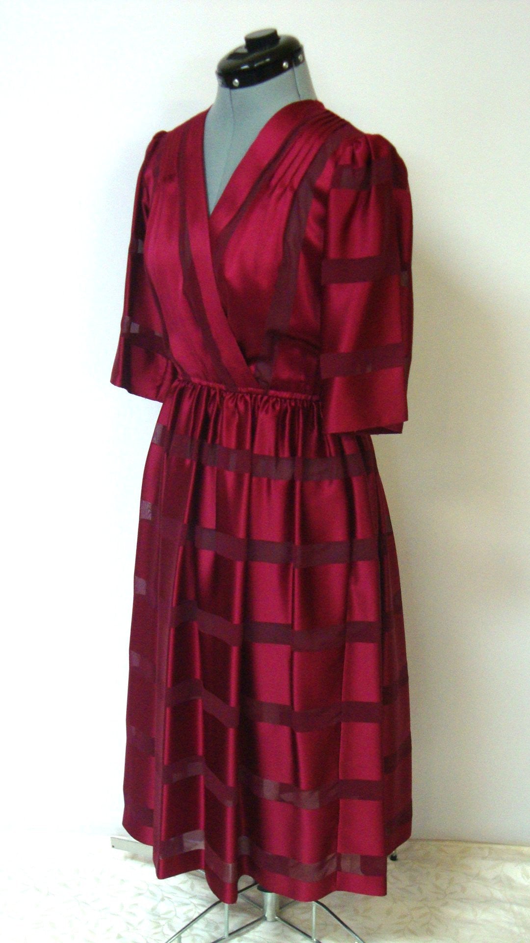 Vintage SWEET TALK RED BURGUNDY SILK STRIPED SHEER FULL SKIRT COCKTAIL DRESS SMALL 5 6