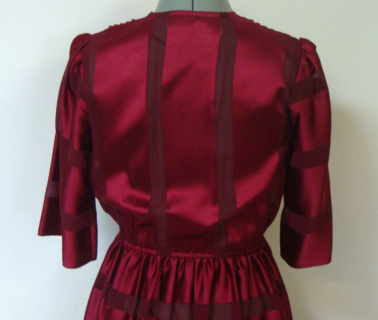 Vintage SWEET TALK RED BURGUNDY SILK STRIPED SHEER FULL SKIRT COCKTAIL DRESS SMALL 5 6 Abby Essie