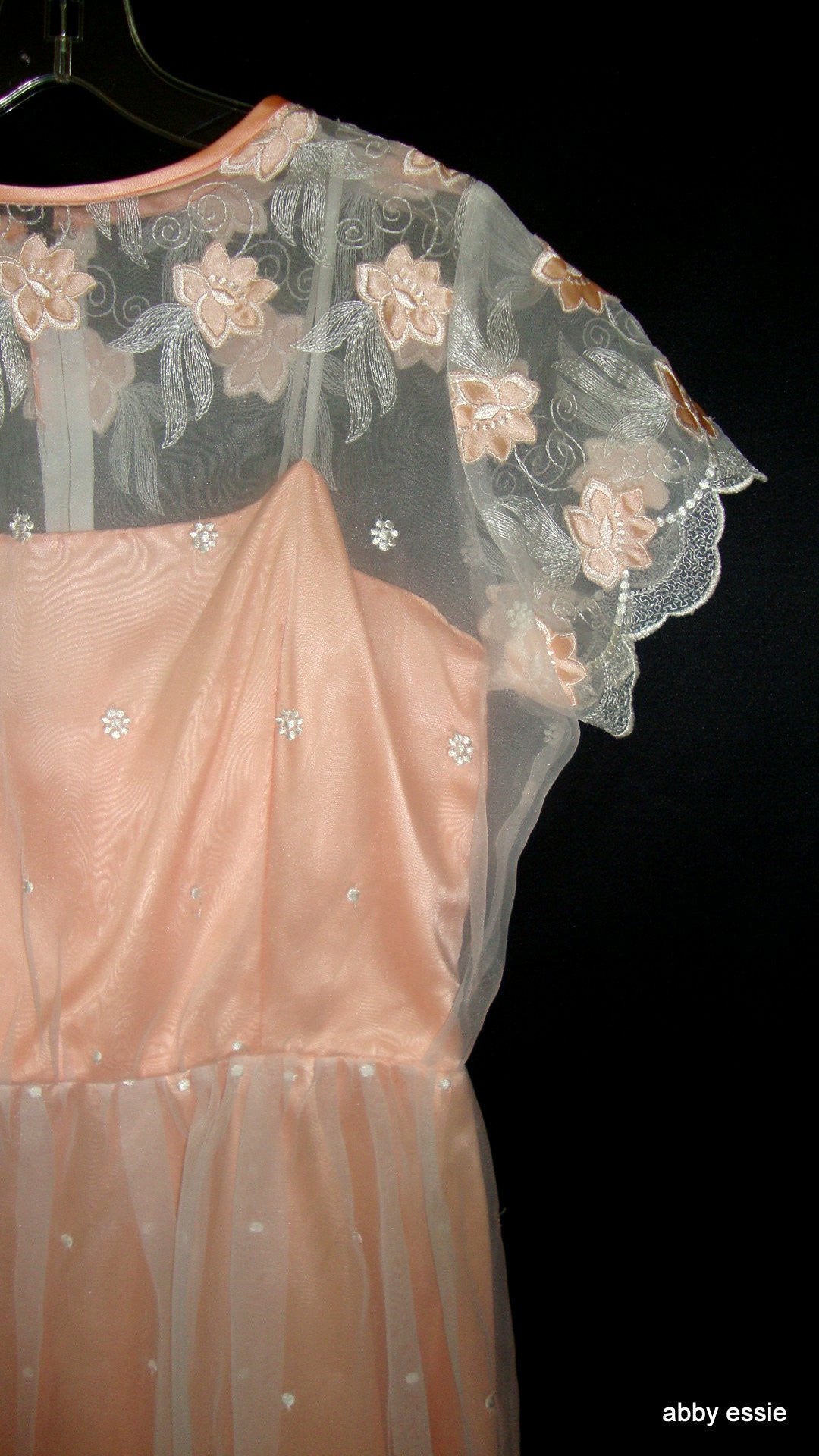 Vintage Victorian Bespoke Pink Peach Satin Sheer Embroidered Floral Lace Dress Gown Abby Essie