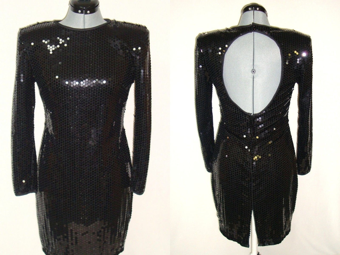 Vintage Black Sequin Stretch Open Back Wiggle Cocktail Dress 10 Medium Ld-2428 Abby Essie