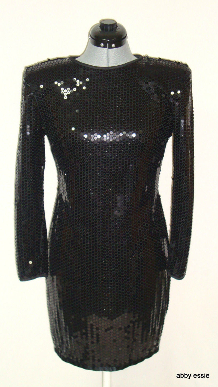 Vintage Black Sequin Stretch Open Back Wiggle Cocktail Dress 10 Medium ...