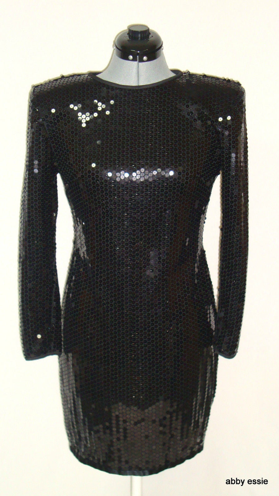 Vintage Black Sequin Stretch Open Back Wiggle Cocktail Dress 10 Medium Ld-2428 Abby Essie