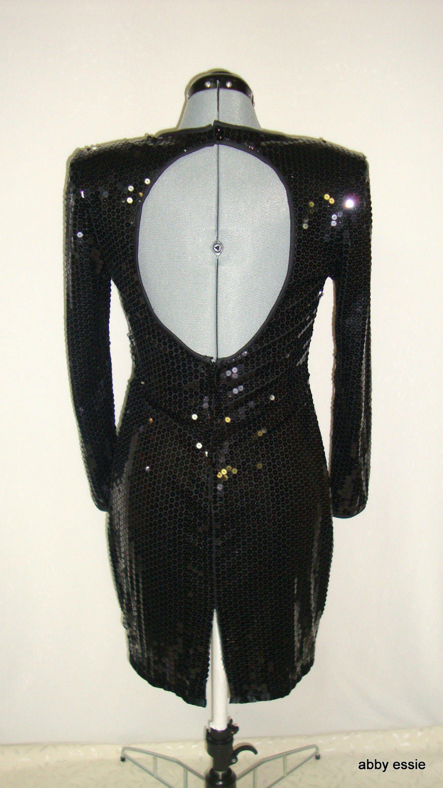 Vintage Black Sequin Stretch Open Back Wiggle Cocktail Dress 10 Medium Ld-2428